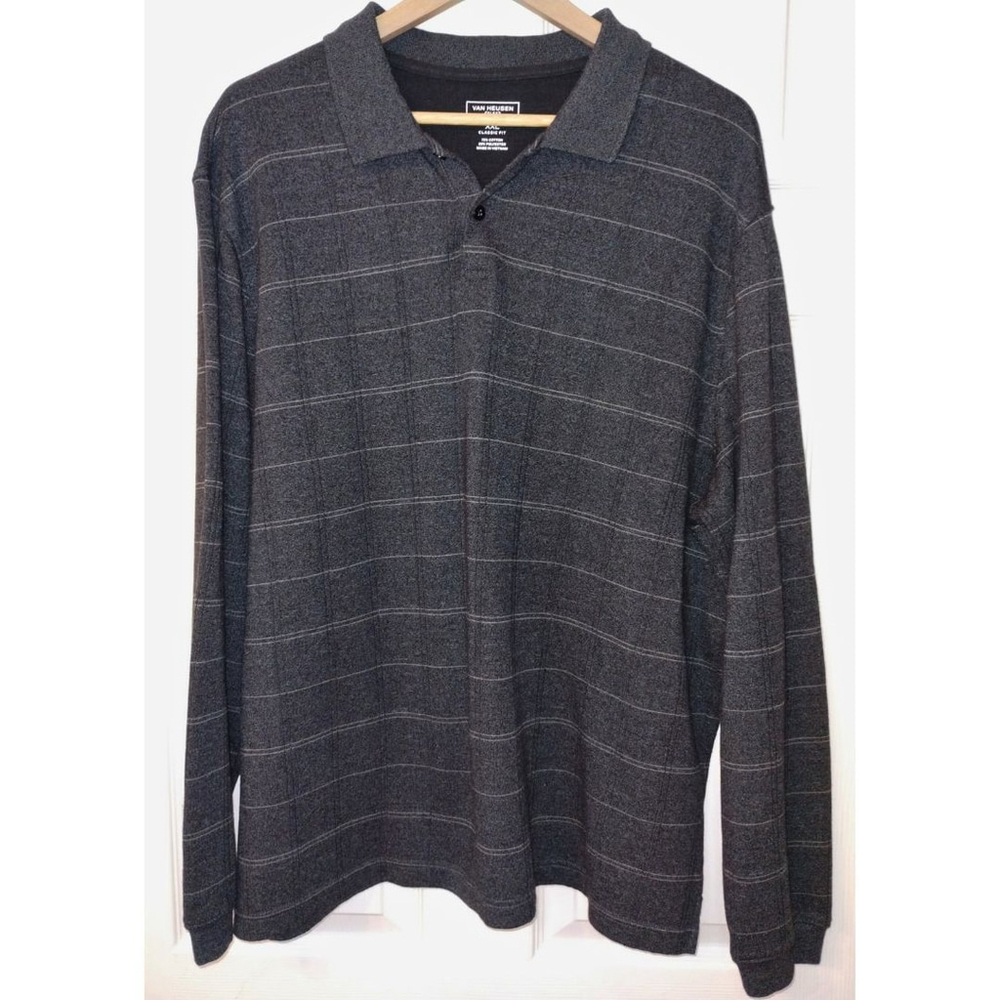 Van Heusen Men's Flex Long Sleeve Jaspe Window Pane Gray White Striped (Sz XXL)